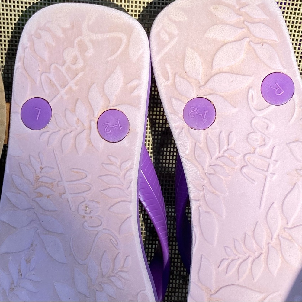 2pr. Gently Worn/Clean Sz-C/ 11-12 Cat& Jack Tan Sandals/Purple Scott Flip Flops - Picture 12 of 16